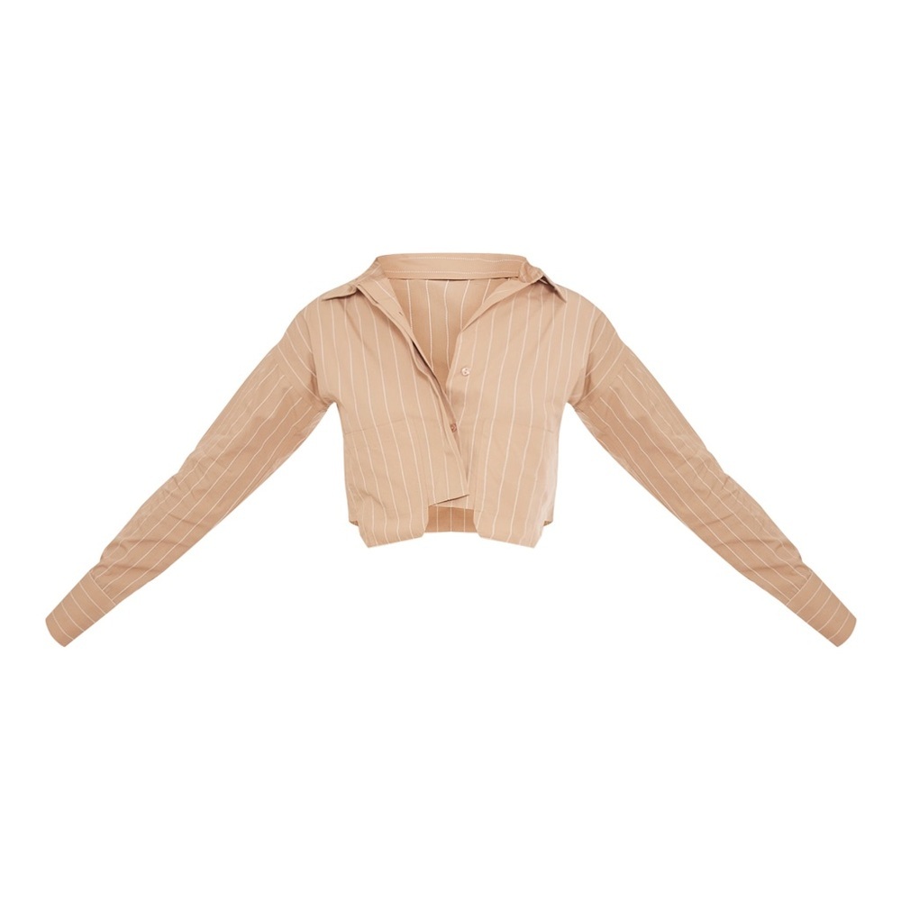 Prettylittlething STONE POPLIN PINSTRIPE POCKET DETAIL CROPPED SHIRT NWT 4 - Picture 5 of 11